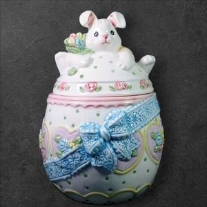 Ceramic Bunny Cookie Jar With Floral & Heart Details Pastel Colors Spring/Easter